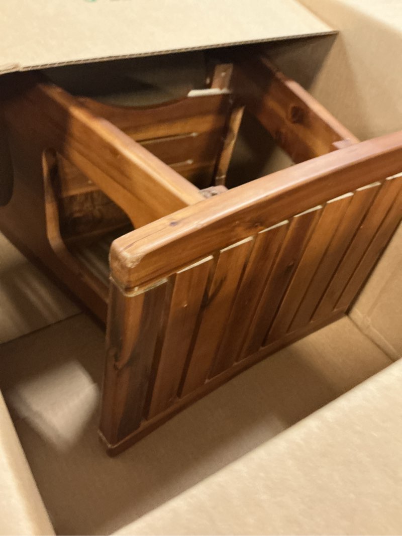 Condition photo showing As Is for teak shower bench, 20" solid wood shower stool waterproof shower seat with storage shelf for bathroom, indoor & outdoor use rectangular