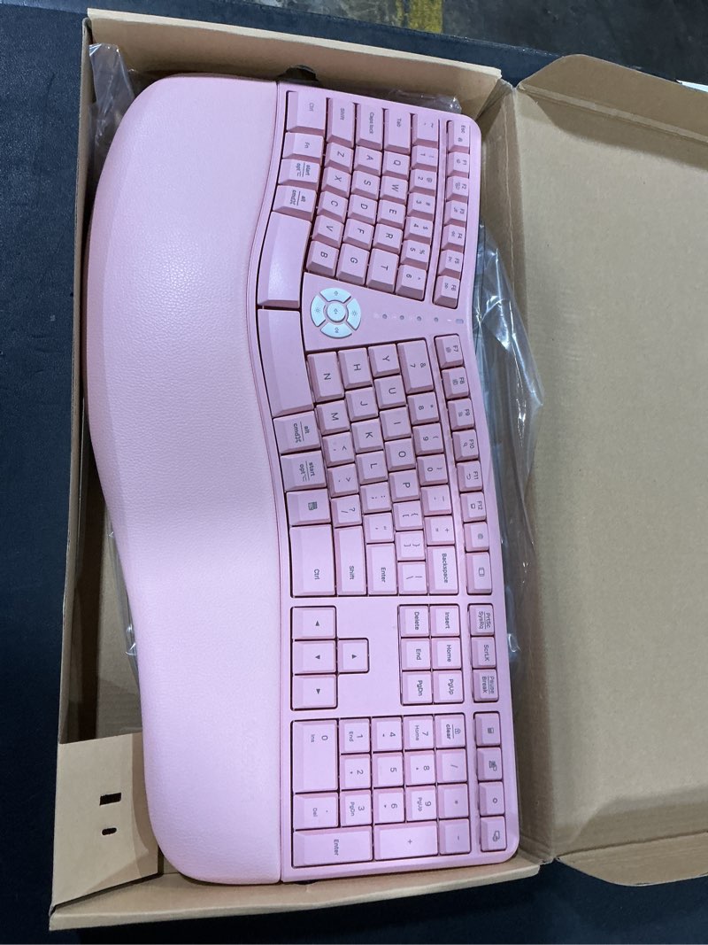 Condition photo showing Good Condition for MEETION Ergonomic Keyboard Wireless, Split Curved Keyboard with Cushioned Wrist Palm Rest, Natural Typing Full Size with USB-C Adapter for Laptop/PC/Windows/Mac, Pink