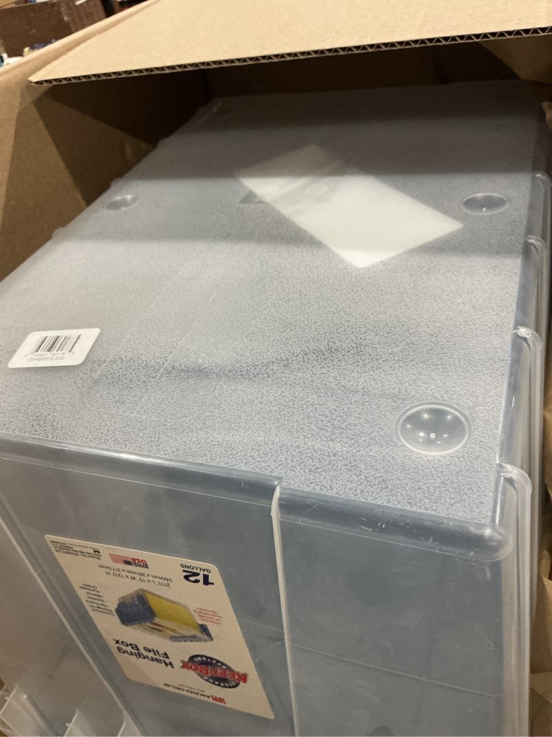 Condition photo showing As Is for akro-mils keepbox 12 gallon storage container, nesting and stackable plastic storage box with lid attached and rails for letter size hanging file folders, 21" x 15" x 12", clear/blue rectangular, plastic, hinged lid, smooth surface