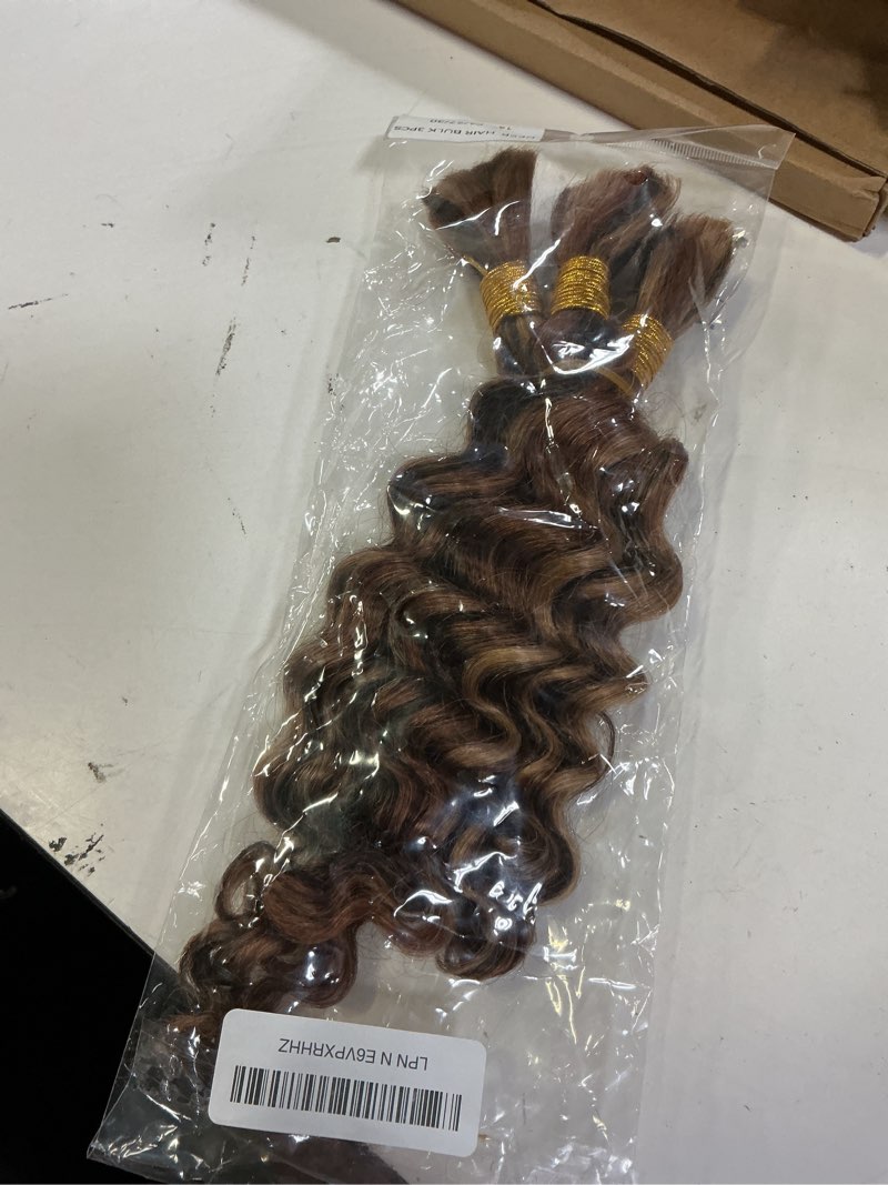 Condition photo showing New/Like New for 14 inch highlight human braiding hair for boho braids, p4/27/30 ombre brown blonde deep wave curly boho braids hair extensions 100g for braiding knotless 3 bundles/pack p4/27/30 ombre 14 inch
