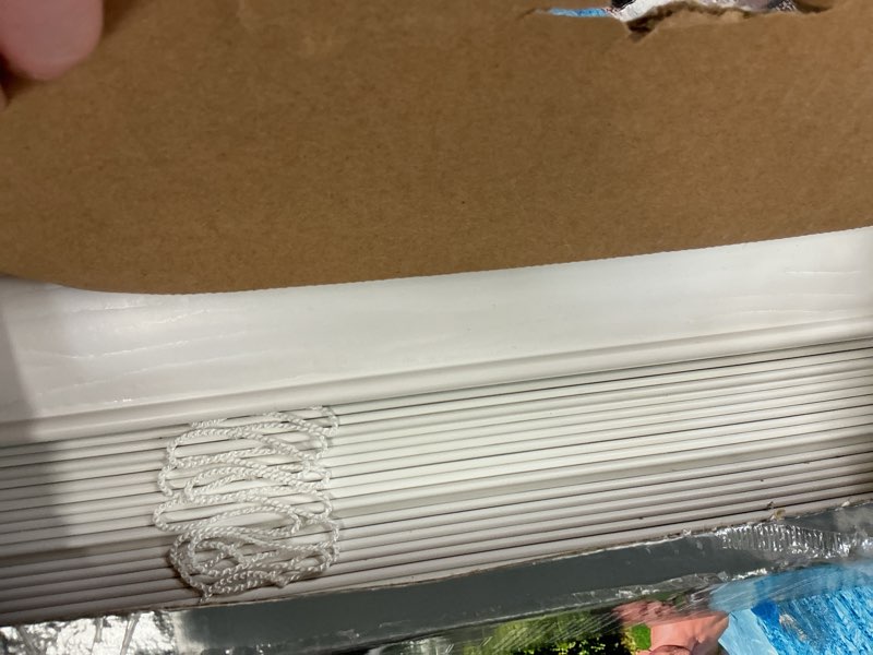 Condition photo showing As Is for better homes & gardens 2" cordless faux wood horizontal blinds, white, 58" w x 64" l