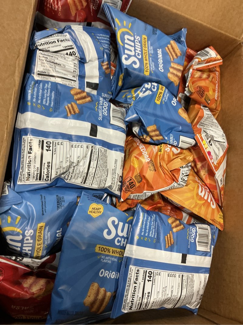 Condition photo showing New/Like New for BB/10/feb/2026)SunChips 100% Whole Grain Chips, Variety Pack, 1 oz Bags, Pack of 40, No Artificial Flavors, No Colors from Artificial Sources Variety Pack 40 Count (Pack of 1)