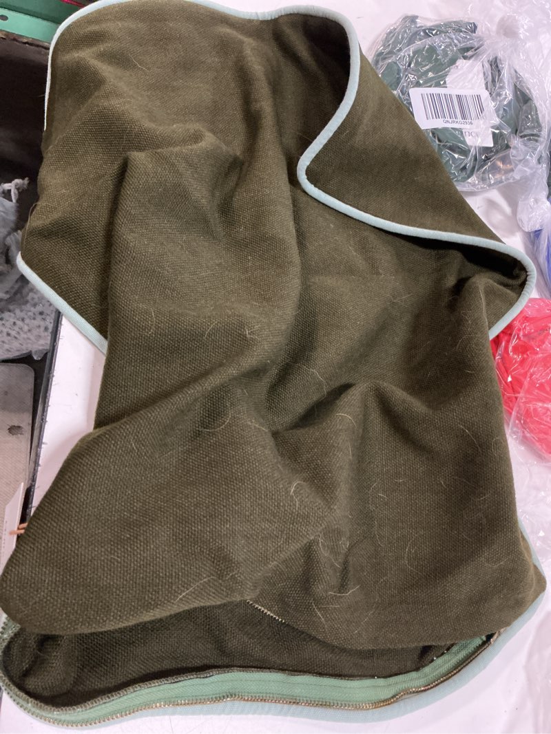 Condition photo showing As Is for contrast piped wool pillow cover, 20x20, olive/light blue