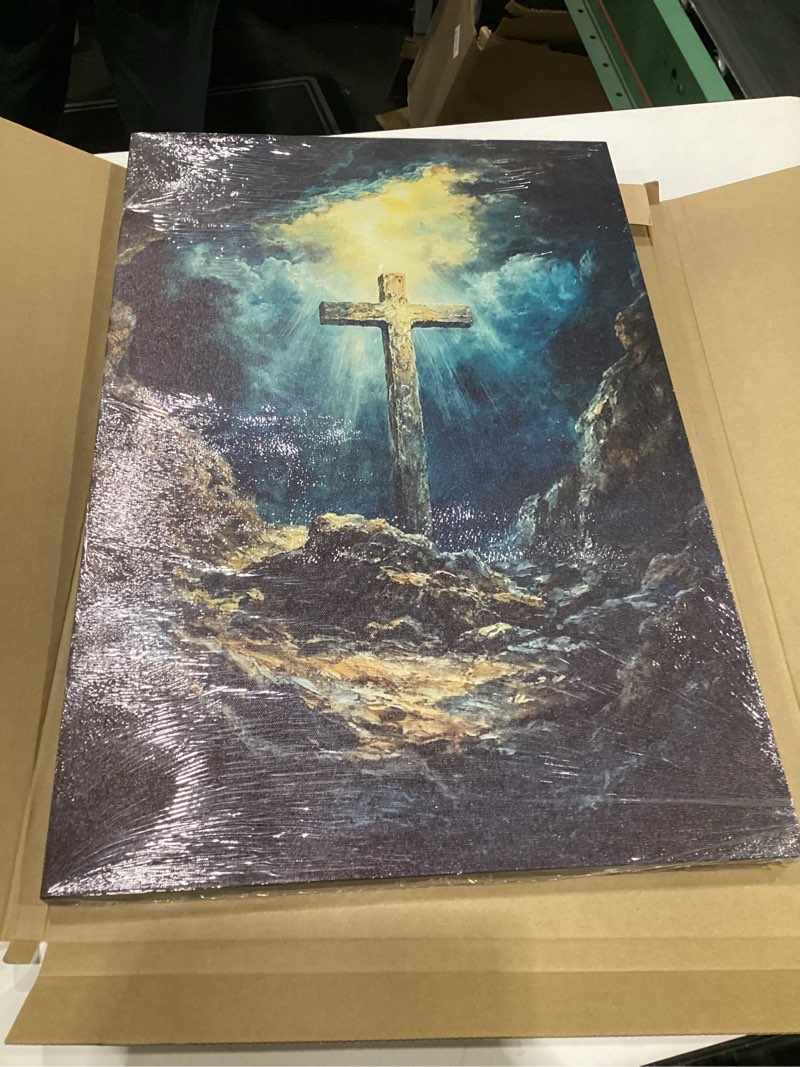 Condition photo showing New/Like New for SAMHOU Framed Cross Christian Wall Art, Jesus Good Friday oil painting Wall Decor, Religious Poster Canvas Picture for Living Room Study Prayer Room Church Decor 16x24 inch Gray Cross 24"L x 16"W