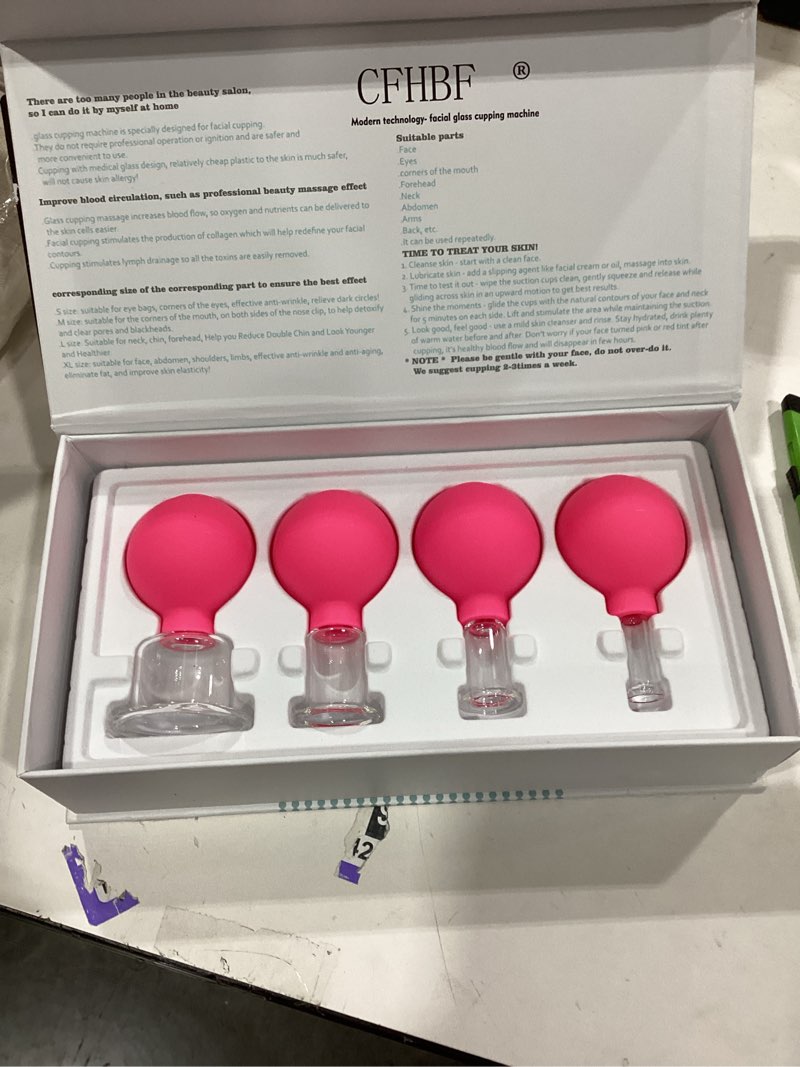 Condition photo showing New/Like New for 4 size facial cupping therapy set glass, eye face vacuum massage anti cellulite cup - silicone, for beauty body cup lymphatic fascia massager (gift box packaging-red)