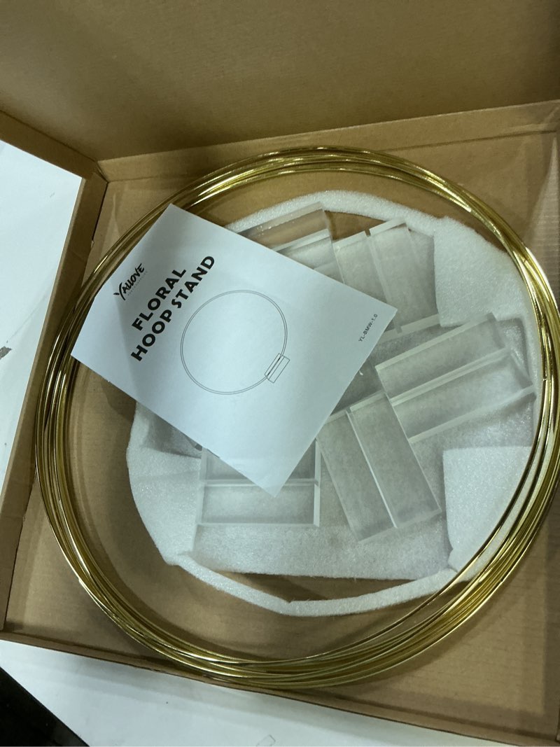 Condition photo showing Good Condition for yallove 10 pcs 14 inch floral hoop table centerpiece, gold metal wreath ring stand with crystal clear acrylic base for balloon and flower decoration, flower not included gold 14''