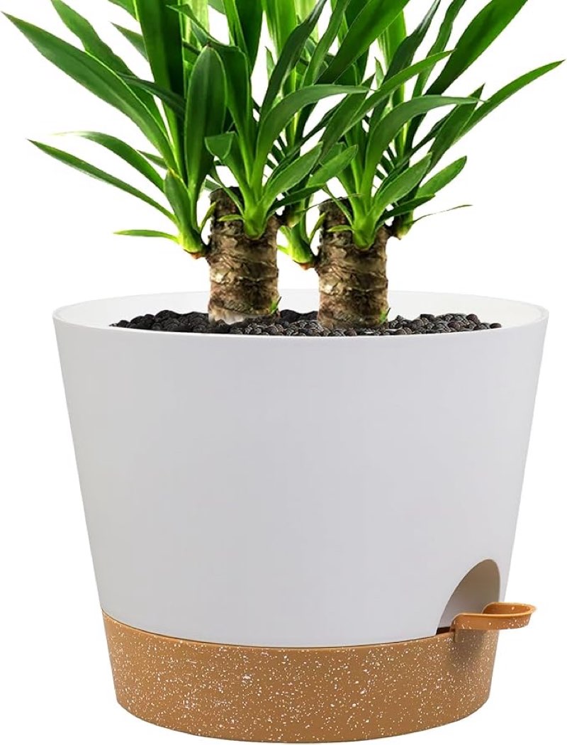 Self Watering Pots for Indoor Plants,12 inch Planters with Drainage Holes Plastic Flower Pots with Deep Reservoir, White with Brown