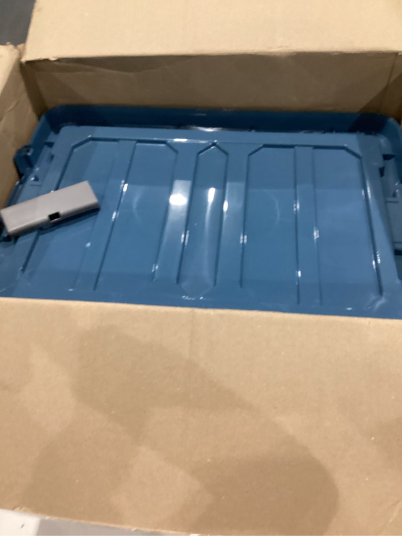 Condition photo showing As Is for iris usa 12 gallon eco-friendly lockable storage bins with lids, 4 pack - made in usa, heavy duty, stackable containers, garage organizing bins moving tubs, rugged sturdy equipment utility box - navy navy 12 gal - 4 pack