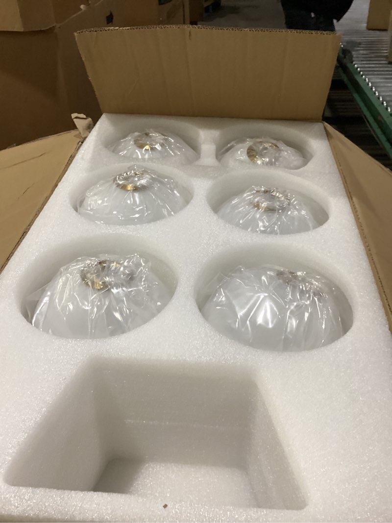 Condition photo showing Good Condition for 6-Light Modern Farmhouse Gold Chandeliers for Dining Room Light Fixture, Mid Century Hanging Sputnik Chandelier for Living Room Kitchen Island Bedroom Foyer, Milk White Globe Glass Shade 6-Light Gold