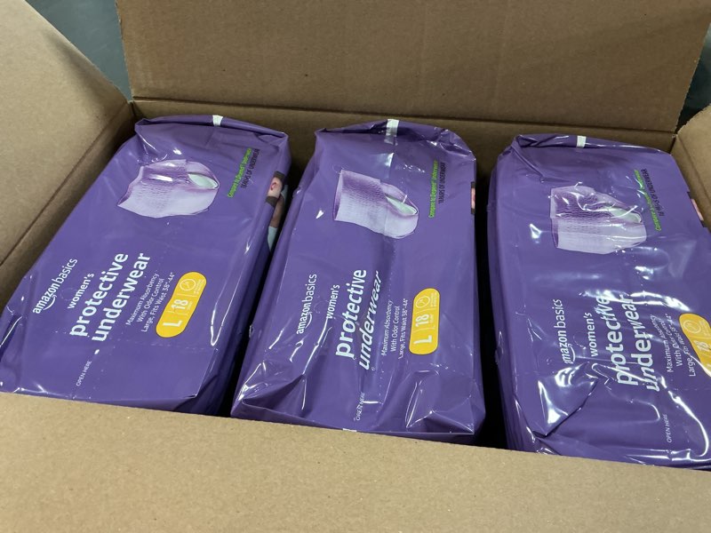 Condition photo showing Good Condition for Amazon Basics Incontinence Underwear for Women, Protective, Disposable, Postpartum, Maximum Absorbency, Large, Lavender, 54 Count (3 Packs of 18) Large 54.0
