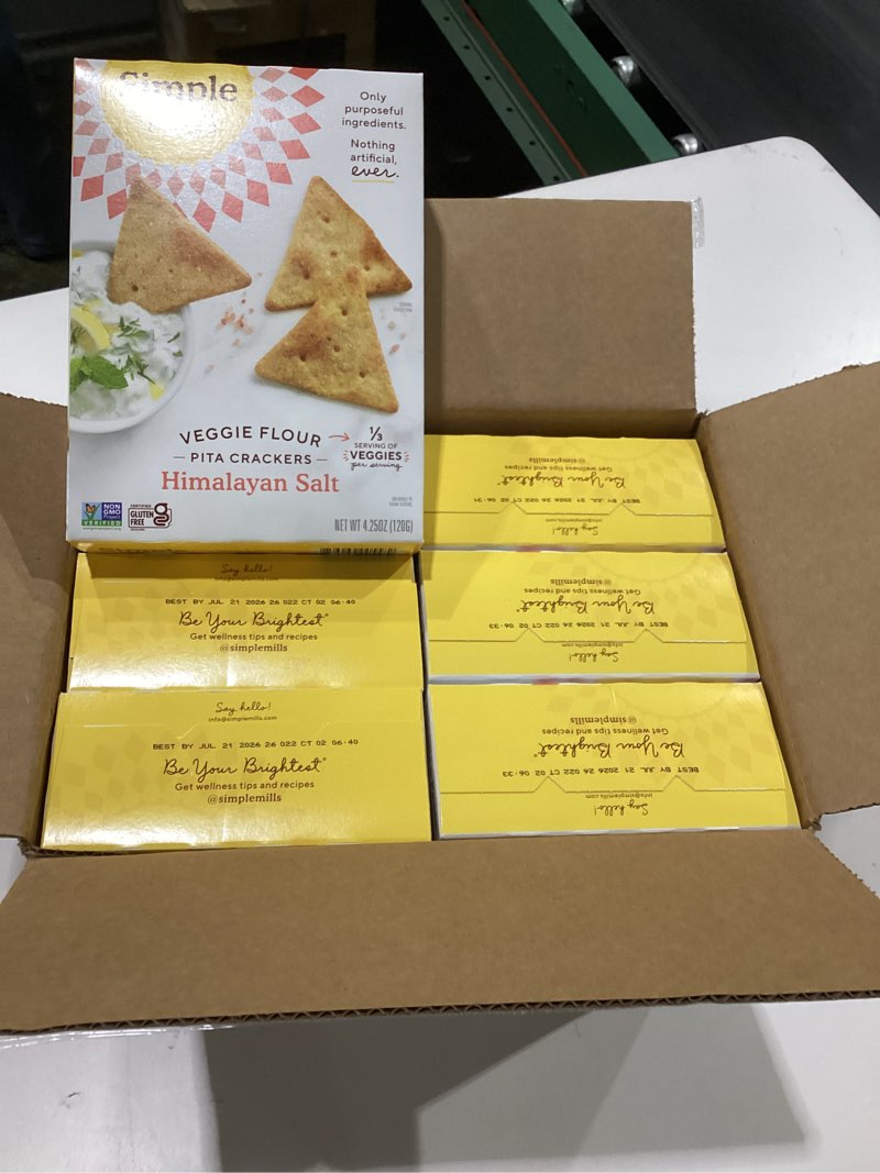 Condition photo showing Good Condition for simple mills veggie pita crackers, himalayan salt - gluten free, vegan, healthy snacks, paleo friendly, 4.25 ounce (pack of 6) himalayan salt 4.25 ounce (pack of 6), best by 7/21/26