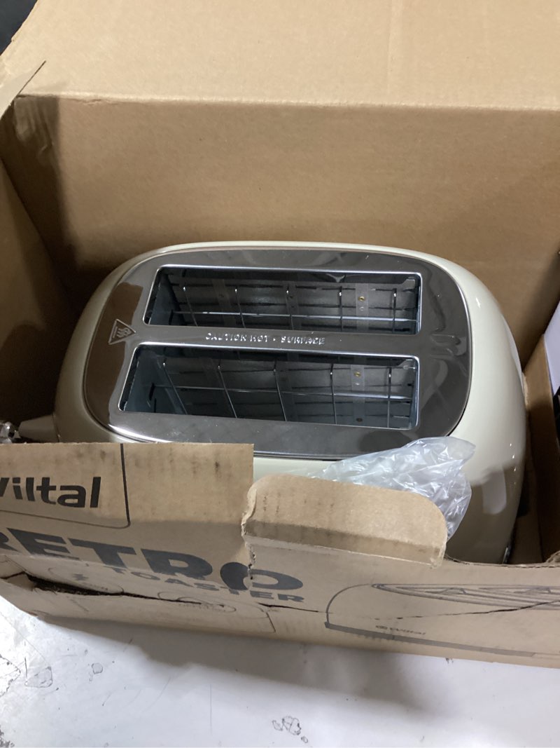 Condition photo showing Good Condition for beige cute retro toaster 2 slice with 1.58" wide slots, bread toaster with cover and warm rack, stainless steel toasters with removable crumb tray, preheat, defrost, cancel function (cream)