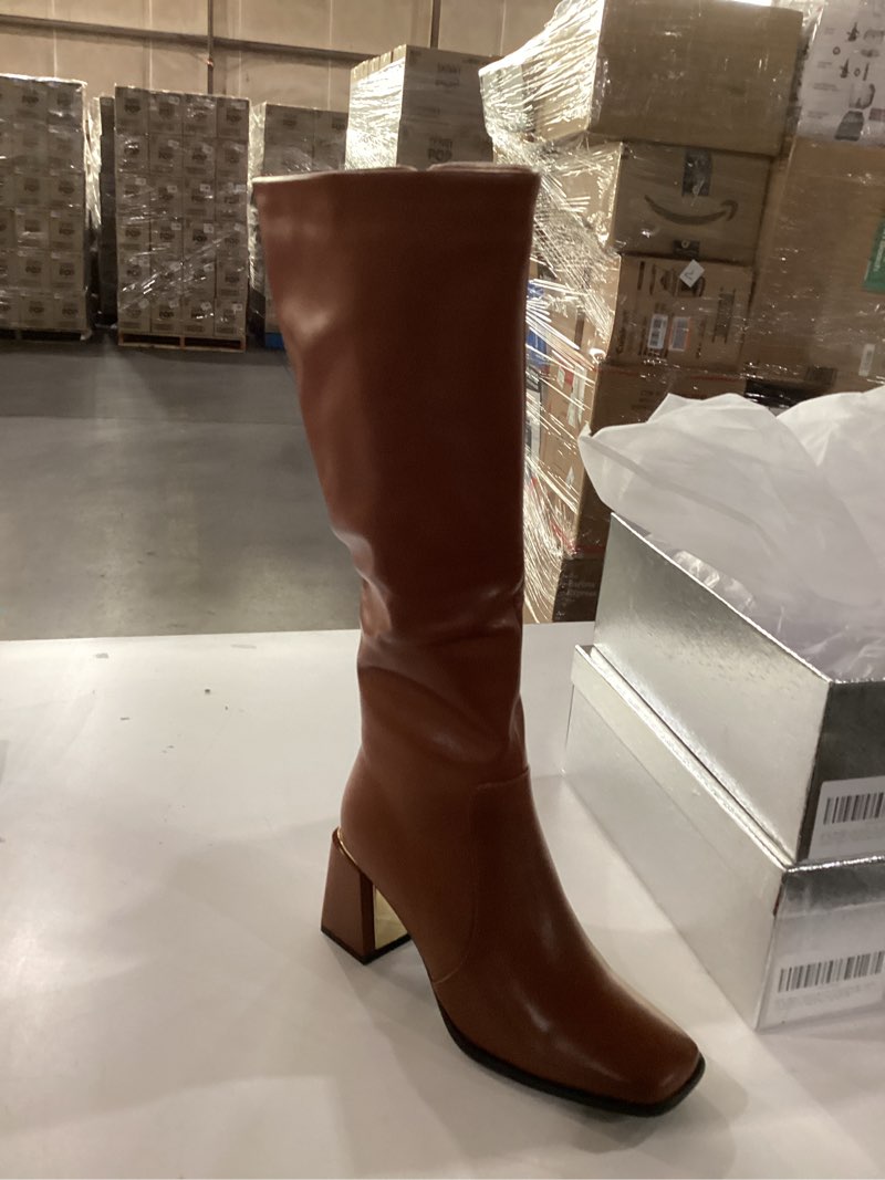 Women's Knee High Boots Block Metal Heel Square Toe Side Zipper Soft Brown PU Leather Classic Fashion Dress Long Boots 7M