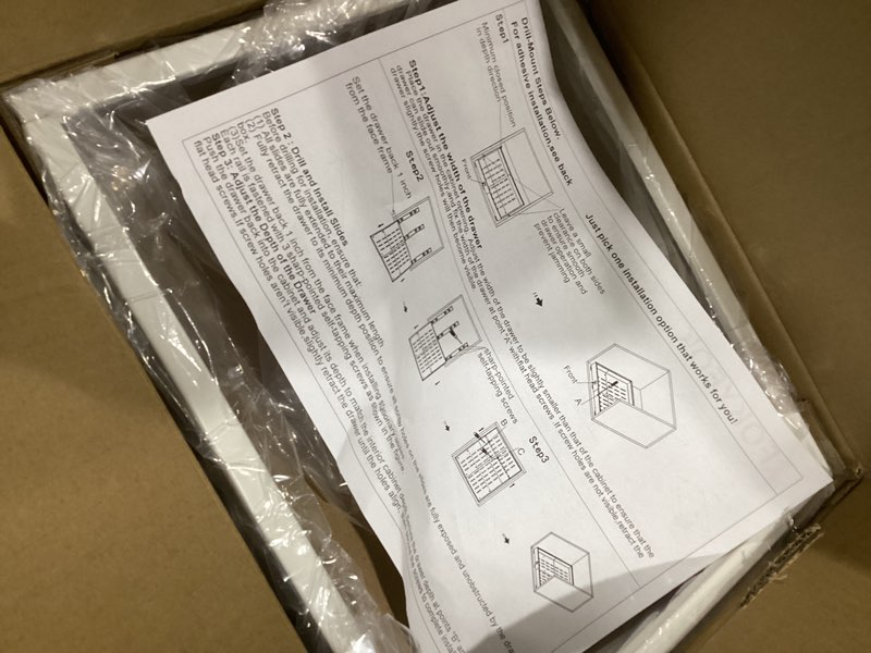 Condition photo showing Good Condition for Similar Pull out Cabinet Organizer,Expandable Width(11\"-16\") and Depth(13\"-17\") with 3 Rails,Roll out Drawers,No Drill Adjustable Slide out Shelves for Kitchen,Pantry,for Both Lip and Lip-Free Cabinets,White
