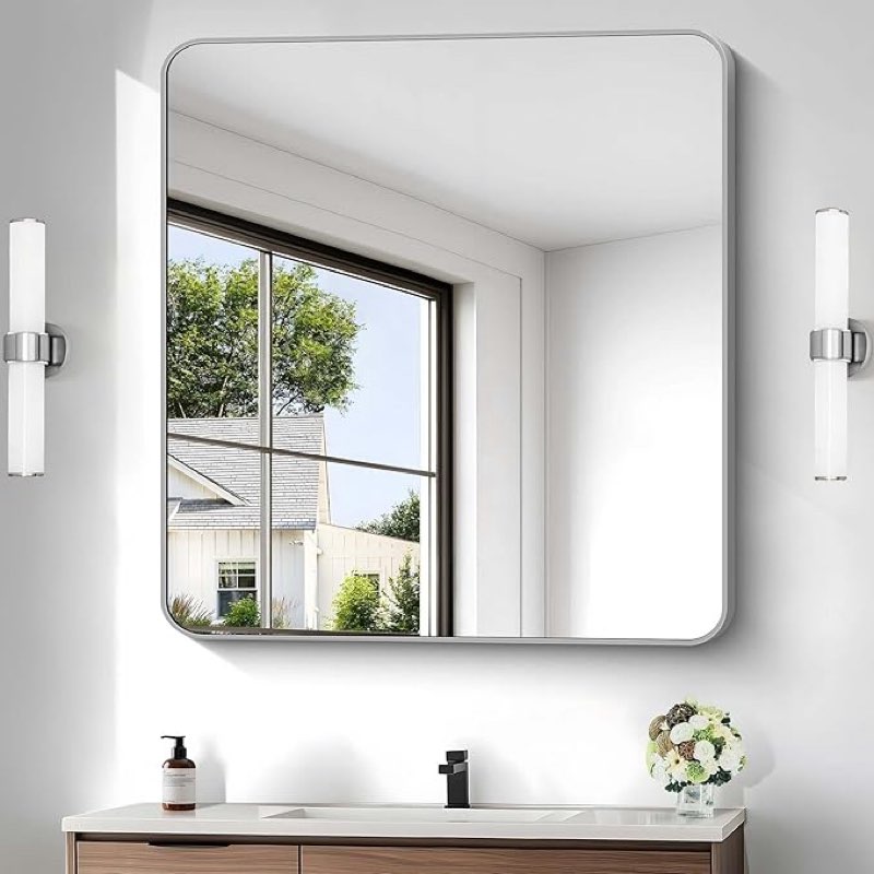 silver bathroom mirror, 42 x 42 inch silver square mirror, metal framed rectangular vanity mirror, rounded corner wall mounted mirror for living room bedroom entryway hangs horizontal/vertical