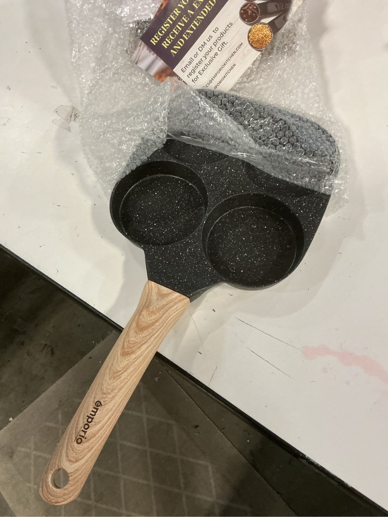 Condition photo showing Good Condition for 4-Cup Nonstick Frying Egg Pan Gray Marble, Granite Pancake Pan, PFOS & PFOA Free, Die-Cast Aluminum with Heat-Resistant Handle, 500°F Stove-Safe, Compatible with Induction, Gas & Electric Cooktops