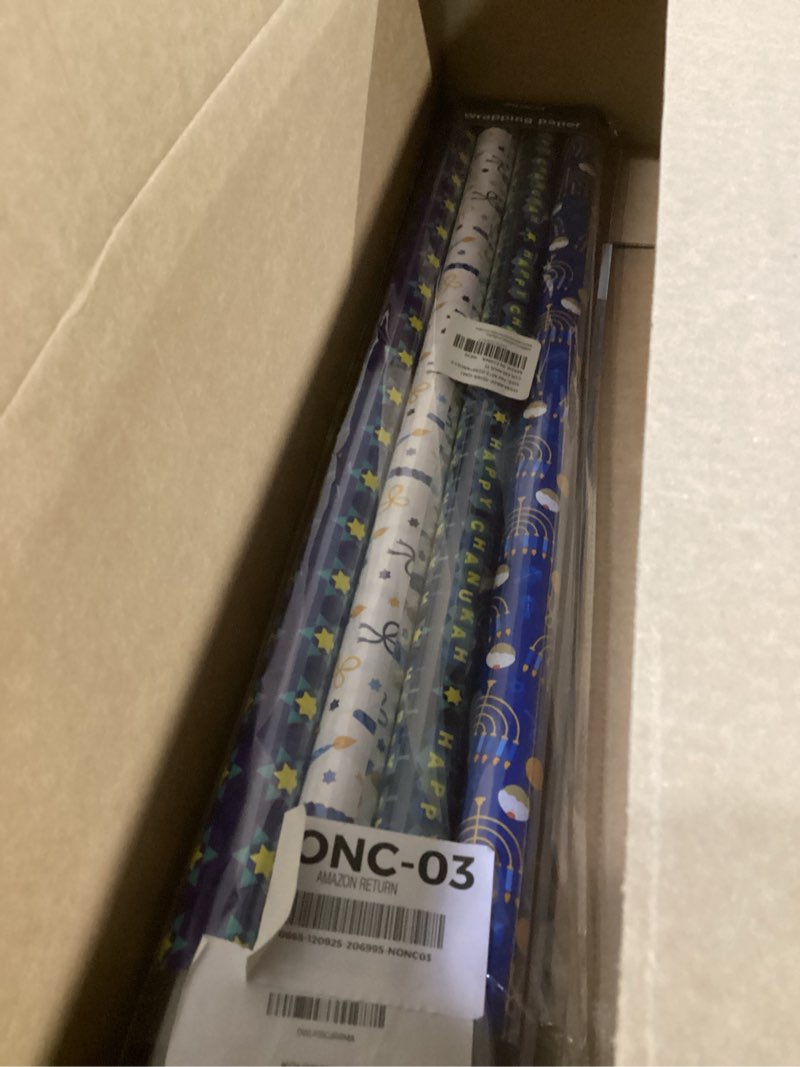 Condition photo showing Good Condition for WRAPAHOLIC 30 Inch Hanukkah Wrapping Paper Roll - Jumbo Roll Menorahs, the Star of David, Candles Design for Chanukah Celebration - 4 Rolls - 30 Inch x 120 Inch Per Roll Hanukkah - 4 Rolls