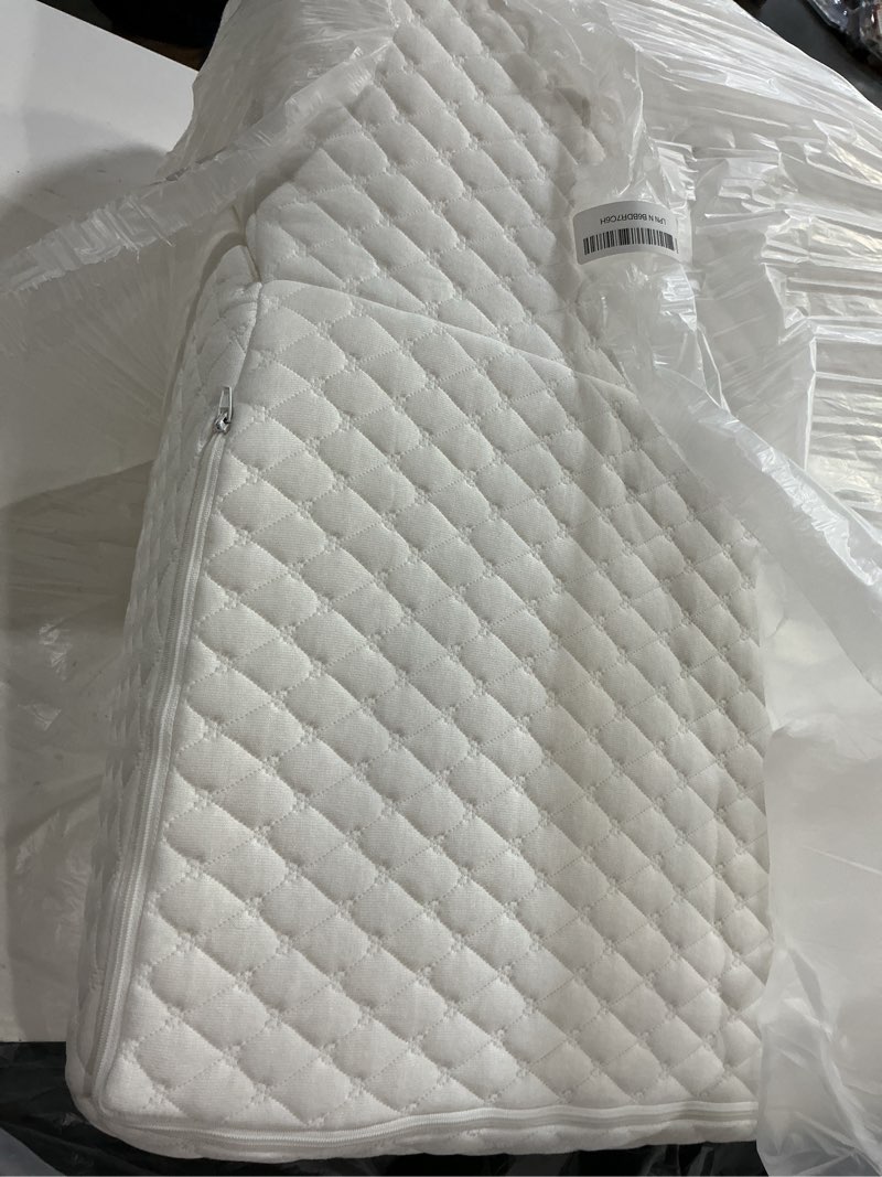 Condition photo showing As Is for wedge pillow for sleep apnea, 12 inch adjustable height bed wedge pillow for headboard, gerd, acid reflux relief, snoring, and post surgery recovery. bed pillow for sitting up in bed white large