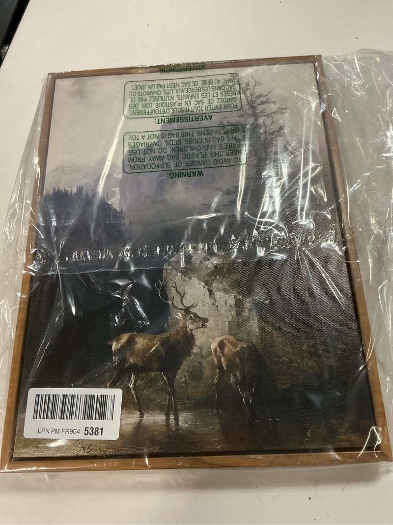Condition photo showing Good Condition for KBKBART Framed Canvas Wall Art, Vintage Wall Decor Rustic Deer Painting Cabin Decor, Vintage Landscape Mountain North Prints for Bedroom, Farmhouse Country Wall Decor for Living Room, Office (12"x16") Rustic Deer Painting 12"L x 16"W