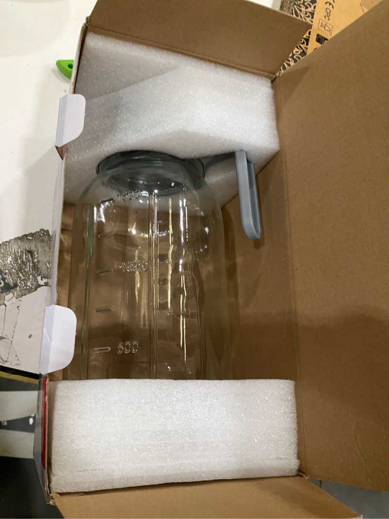 Condition photo showing Good Condition for sursip 64 oz glass pitcher with pour spout lid, 2 quart mason jar pitcher for fridge airtight & leakproof - wide mouth non-slip water pitcher for cold brew coffee, juice,lemonade - gray 1pack-gray 64 ounces