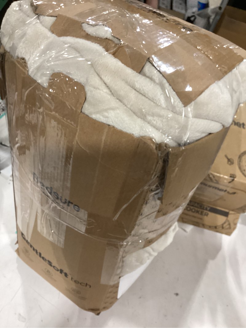 Condition photo showing As Is for bedsure gentlesoft sherpa fleece blanket queen size for bed, non-heated, thick and warm throw for women and men, soft fuzzy plush queen blanket for winter, linen, 90x90 inches queen (90" x 90") 05 - linen