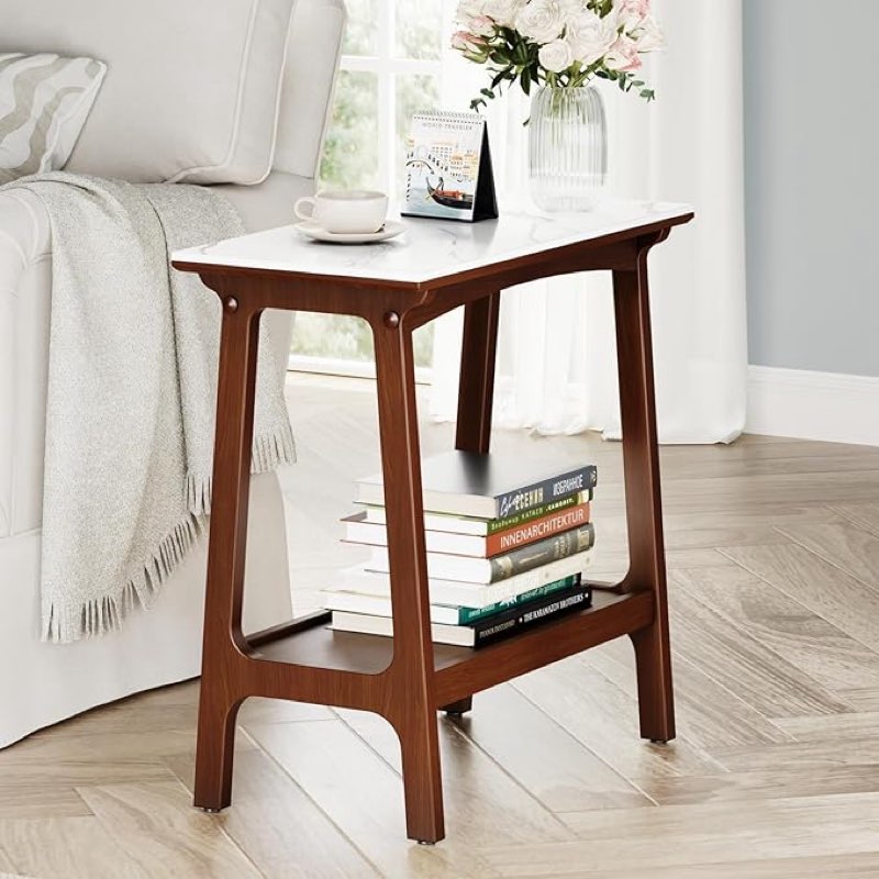 LKTART Side Tables Living Room, Slim Slate End Table with Storage Shelf, Small Night Stands for Small Spaces, Modern Sofa Side Table(Walnut)