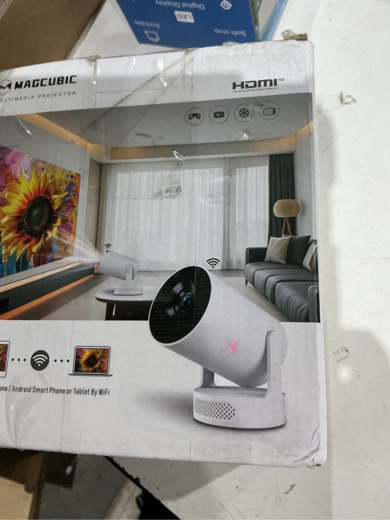 Condition photo showing As Is for magcubic mini projector with wifi 6 and bluetooth 5.4, portable projector 4k support, 5w soundbase speaker, auto vertical keystone 180°rotatable smart proyector for movie home outdoor white
