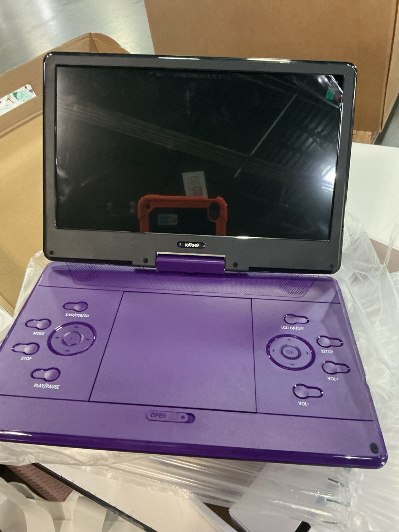 Condition photo showing New/Like New for iegeek 15.9\" portable dvd player with 14.1\" swivel screen, hdmi input, 6-hour rechargeable battery, region free, usb/sd playback, ideal gift for seniors, kids and travel, purple