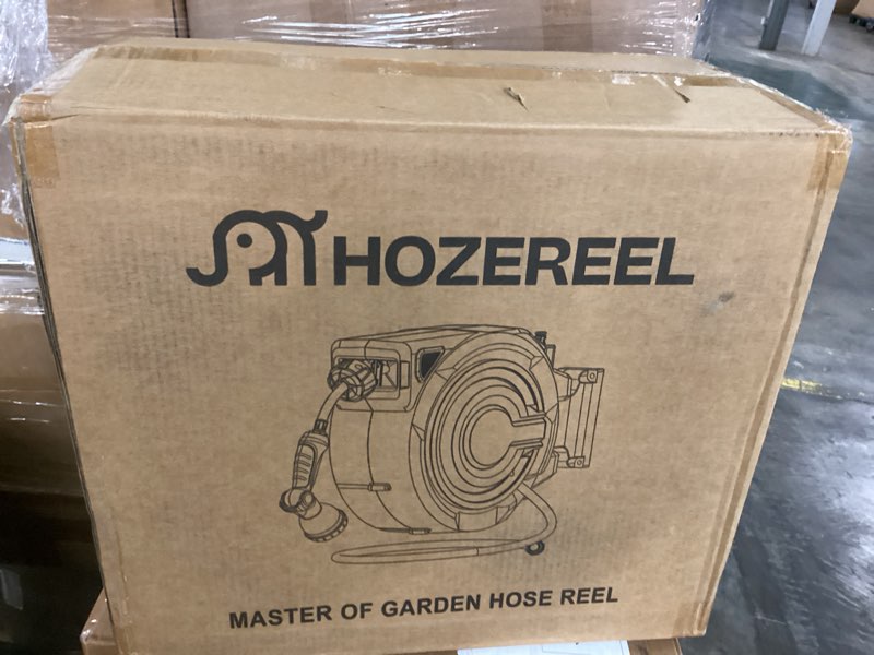 Condition photo showing New/Like New for 110 ft retractable garden hose reel by hozereel, outdoor garden hose reels 1/2" - automatic self retract wall mount hose reel enclosed storage, any length lock, 10 pattern nozzle-grey 1/2" 110 ft hose & reel
