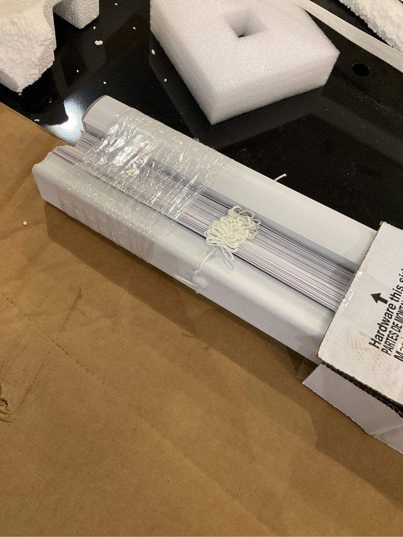 Condition photo showing As Is for project source room darkening 1-in slat width 36-in x 64-in cordless white vinyl blinds