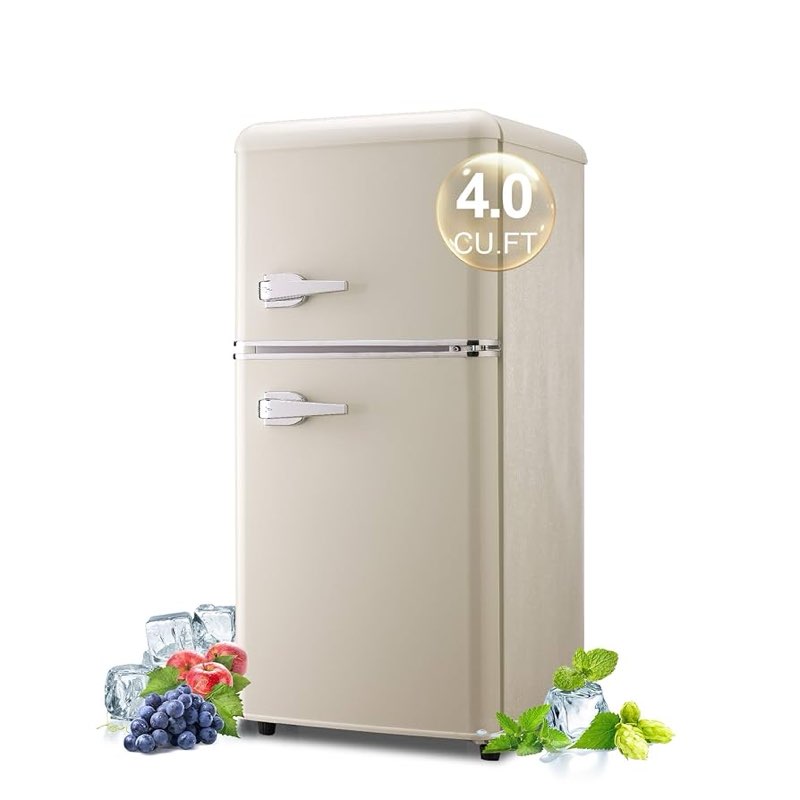 Retro Mini Fridge with Freezer 4.0 Cu. Ft, Small Refrigerator with 7 Level Adjustable Thermostat, Compact Classic Dual Door Fridge Removable Glass Shelves for Apartments, Dorm, Office, Blue