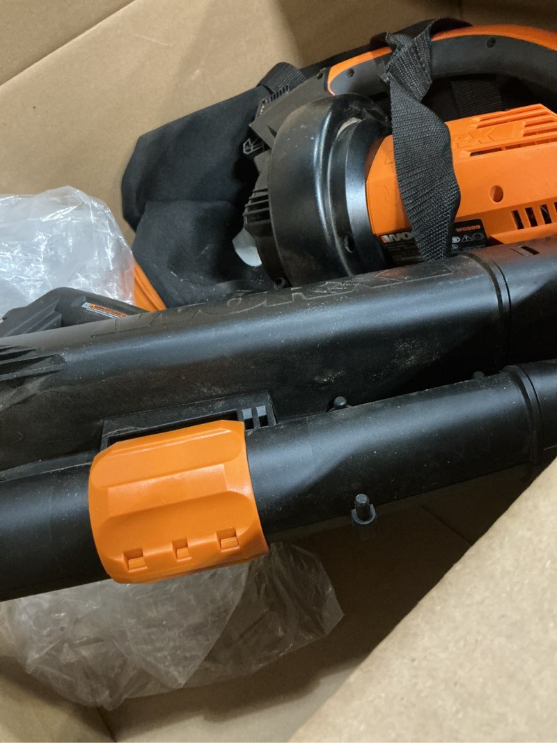Condition photo showing As Is for WORX Trivac 3 in 1 Electric Leaf Blower for Lawn Care, Leaf Vacuum with 350 CFM & 210 MPH, Leaf Mulcher with Metal Impeller, WG509 350CFM Blower/Vac/Mulcher