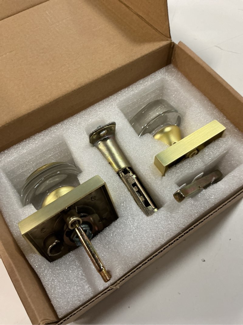 Condition photo showing As Is for coolnews passage function clear crystal glass door knobs interior, modern gold door knob with square plate, satin brass finish passage satin brass