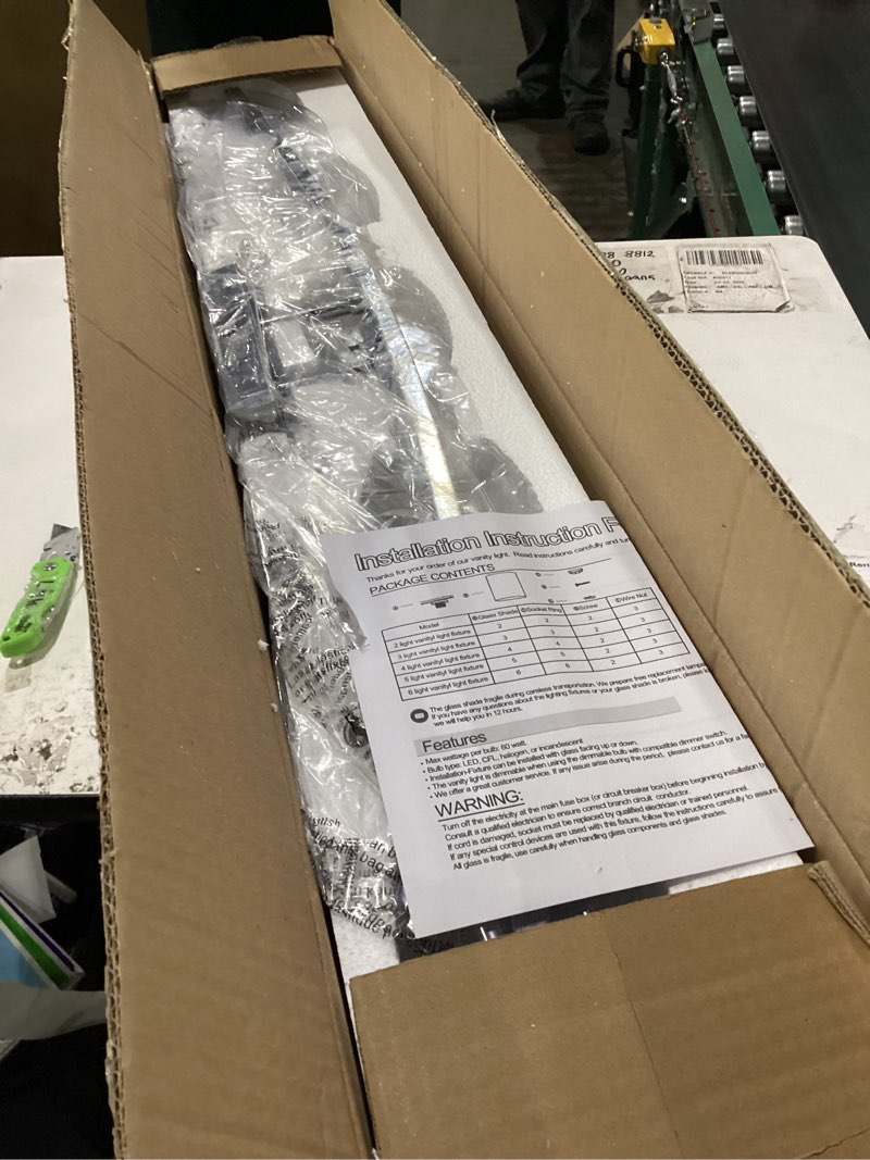 Condition photo showing New/Like New for 5-light modern chrome vanity light fixture with white glass shade for bathroom over mirror, 40 inches ?polished chrome 5-light
