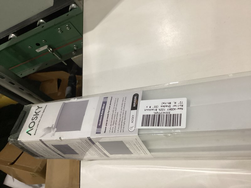 Condition photo showing New/Like New for aosky blackout roller shades cordless blinds for windows, free-stop shades with valance, thermal insulated fabric, uv protection, natural woven blinds for home and office (55" w x 72" h, white) white 55"w x 72"h