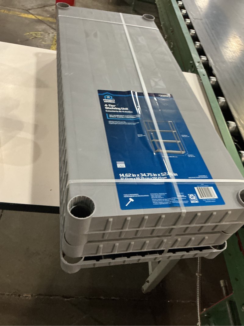 Condition photo showing Good Condition for project source plastic 4-tier utility shelving unit (34.75-in w x 15.06-in d x 52.625-in h), gray, (50-lb capacity per shelf)