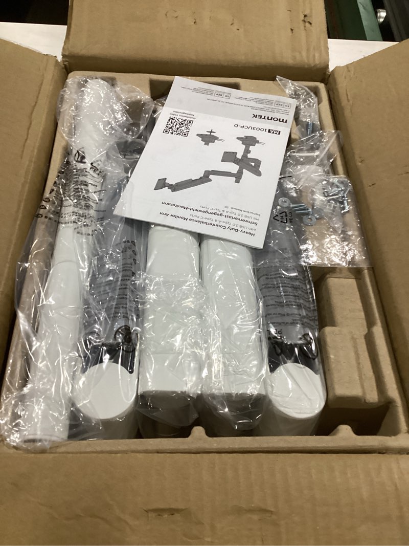 Condition photo showing Good Condition for montek sleek aluminum monitor arm for 17–57” ultrawide screens up to 59.4 lbs, usb 3.0 a/c, heavy duty dual monitor arm desk mount, pneumatic lift, quick-release plate, clamp/grommet, max vesa 100x100 white dual arm with usb 3.0 a & c