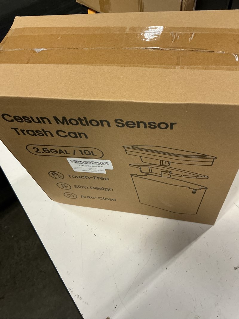 Condition photo showing New/Like New for cesun automatic small bathroom trash can with lid, 2.6 gallon, white | motion sensor, plastic, touchless, odor control, smart garbage can, battery operated, manual button, for office/rv/bedroom