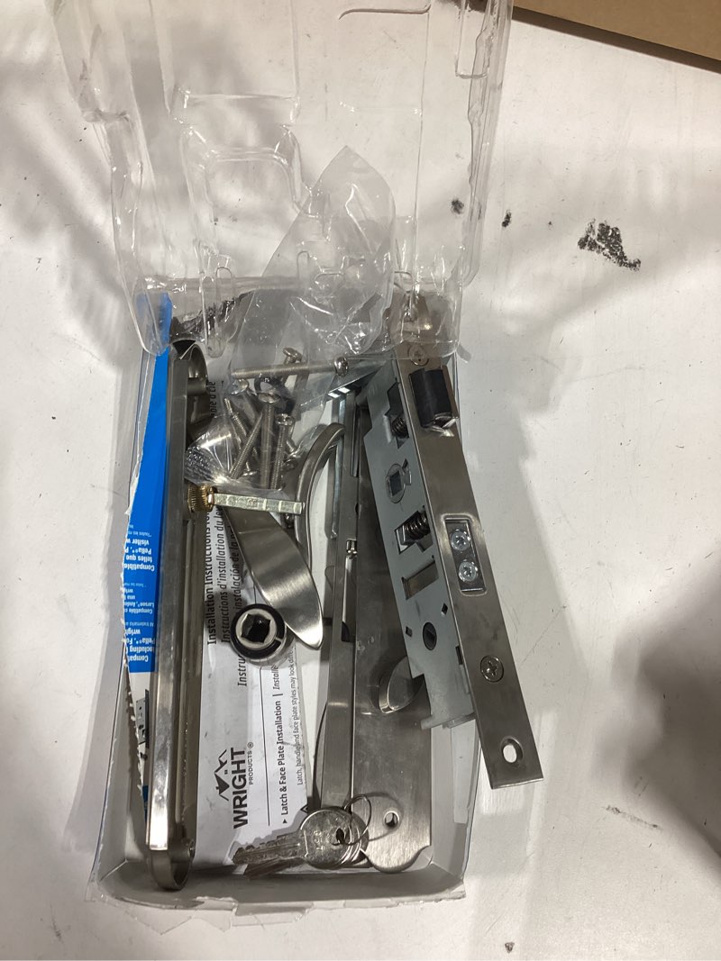 Condition photo showing As Is for serenade mortise keyed lever mount latch with deadbolt for screen and storm doors, satin nickel