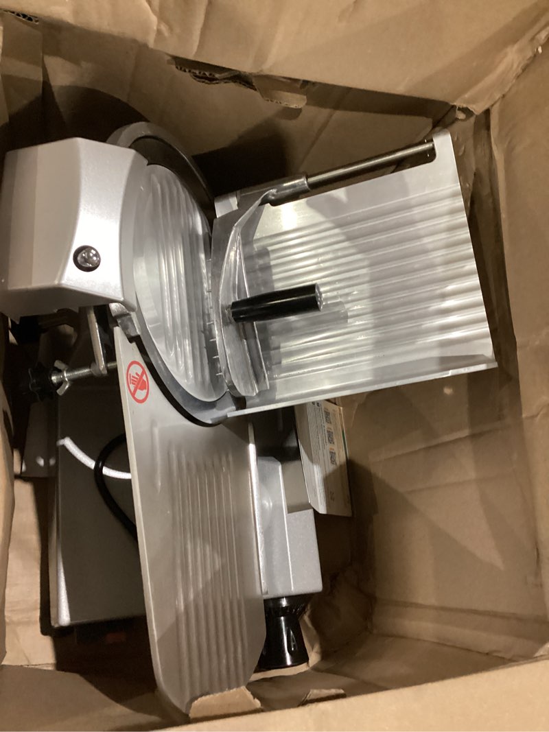 Condition photo showing As Is for vevor commercial meat slicer, 10 inch electric food slicer, 240w frozen meat deli slicer, premium chromium-plated steel blade semi-auto meat slicer for commercial and home use 10 inch-240w