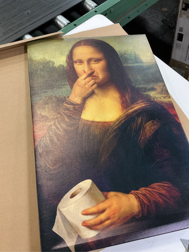 Condition photo showing Good Condition for funny mona lisa bathroom canvas wall art pinching nose toilet paper wall decor pictures vintage whimsical painting poster prints humor amusing washroom home decoration 16x24in ready to hang funny mona lisa 24"l x 16"w