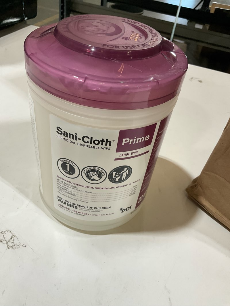 Condition photo showing New/Like New for 12 pack sani-cloth prime germicidal wipe, hospital disinfection, 1-minute contact time, quat alcohol, durable large 6" x 6.75" wipes, 160/canister