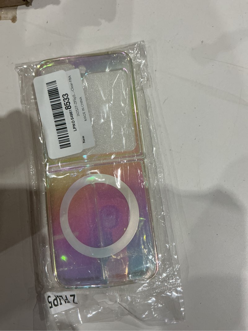 Condition photo showing As Is for omio magnetic iridescent clear case for galaxy z flip 5 compatible with magsafe, [anti-yellowing technology] fluorescent clear crystal laser shockproof cover for women girls, clear laser clear laser galaxy z flip 5
