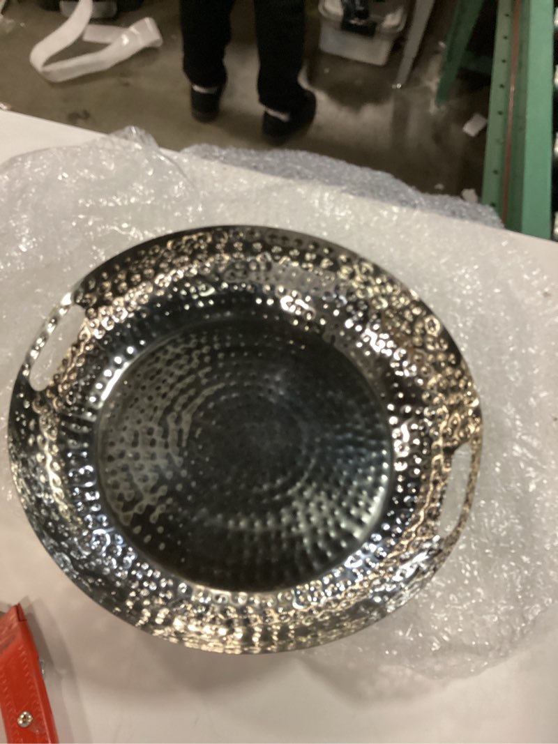 Condition photo showing New/Like New for MyGift 14 Inch Deluxe Decorative Dish Tray Centerpiece Base, Silver Tone Plated Hammered Aluminum Fruit Bowl Serving Platter with Cutout Handles - Handcrafted in India Silver Tone Aluminum
