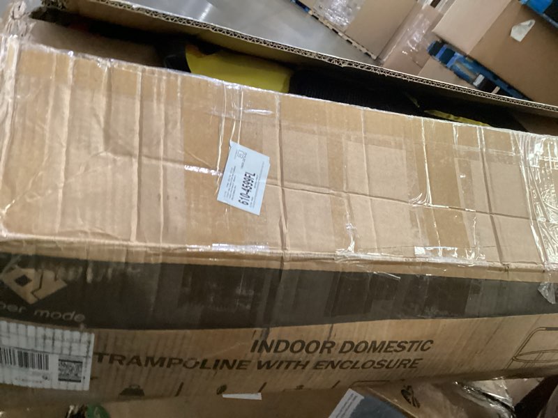 Condition photo showing As Is for trampoline for kids, upgrade full anti-rust 440lbstoddler trampoline with net,upgraded ring legs with adjustable gymnastics bar&toys, gifts for ages 1-8 boys&girls blue 55''