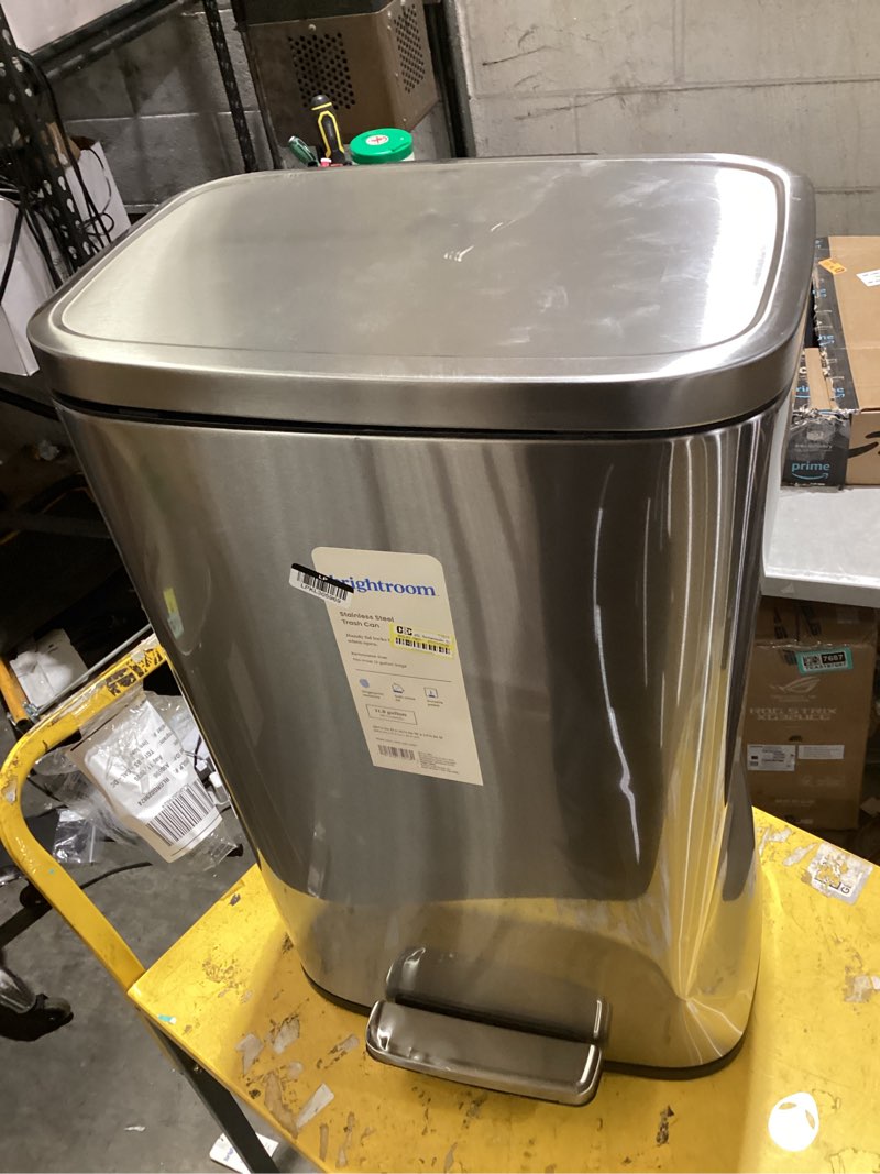 Condition photo showing As Is for bottom damaged *45l rectangular step trash can silver - brightroom™: stainless steel, quiet pedal lid, removable liner, kitchen use
