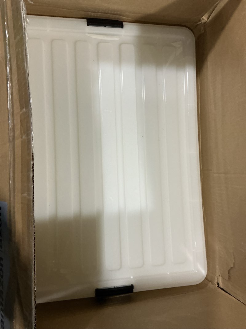 Condition photo showing As Is for iris usa 144 qt stackable plastic storage bins with lids, 3 pack - bpa-free, discreet organizing solution, latches, durable nestable containers, secure pull handle, made in usa - pearl 144 qt. - 3 pack
