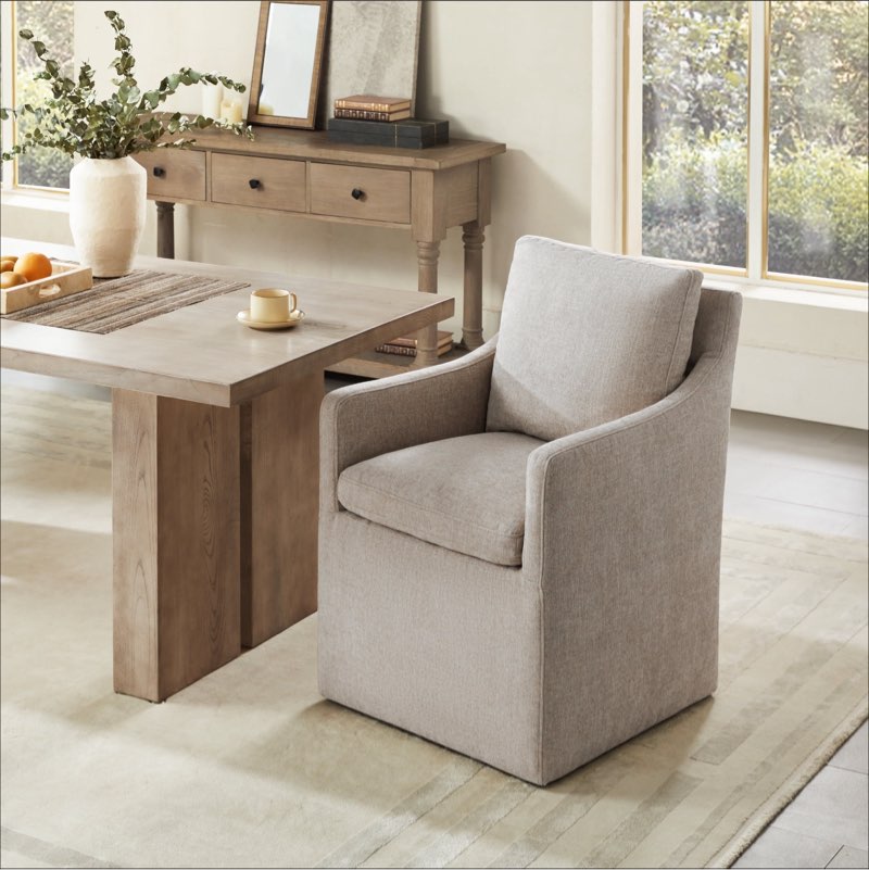 chita dining arm chair with caster wheels for kitchen fabric upholstered dining room chair, beige