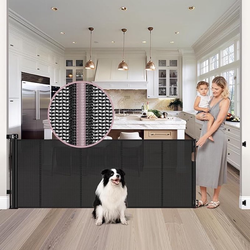 Reinforced 54x 72\" Wide Retractable Baby Gates with Support Rods - Prevent Crawling Under Retractable Gate, Mesh Dog Gate for Stairs Extra Long Baby Gate for Doorway, Long Dog Gate Indoor/Outdoor, Black