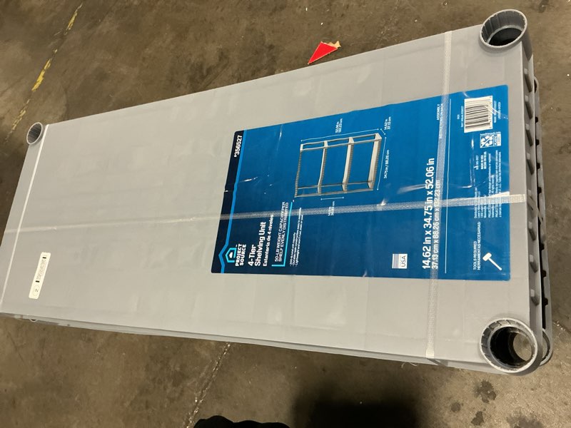 Condition photo showing Good Condition for project source plastic 4-tier utility shelving unit (34.75-in w x 15.06-in d x 52.625-in h), gray, (50-lb capacity per shelf)